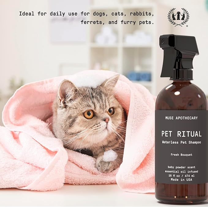 Muse Apothecary Pet Ritual Aromatic Waterless Dog Shampoo - No Rinse Dry Shampoo for Dogs & Cats - Essential Oils Infused, 16oz, Oatmeal + Mango