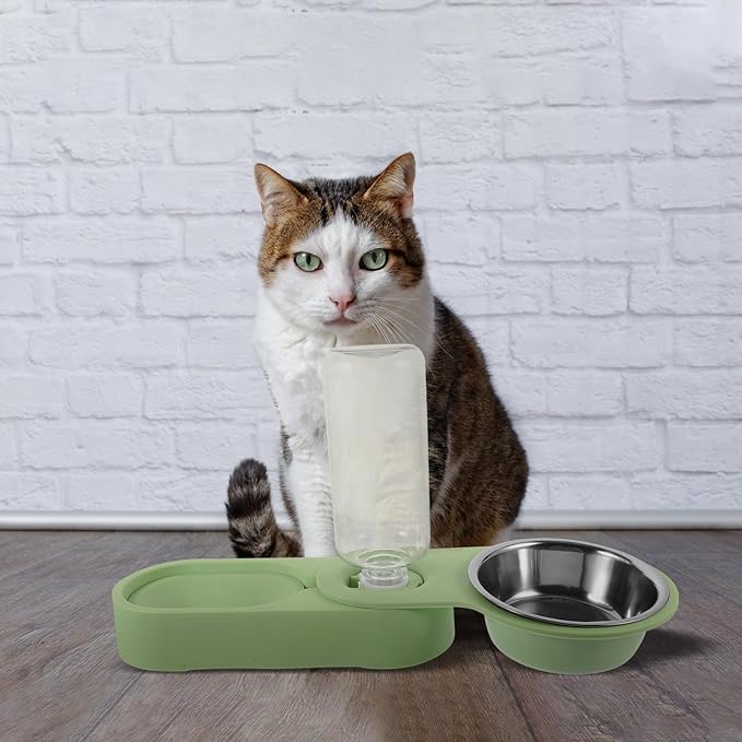 VALICLUD Stainless Steel Cat Bowl Double Bowl Detachable Feeder with Rotatable Corner Foldable Holder Green for Indoor Cats Pet Feeding and Watering