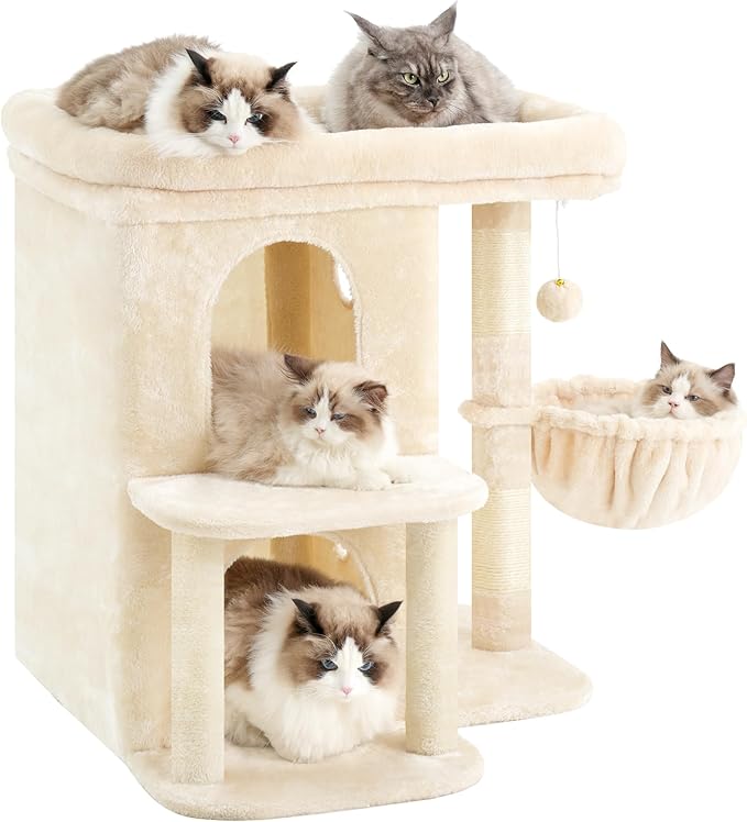Heybly Cat Tree, 26.3-inch Cat Tower with Spacious Top Perch for Large Cats, Stair-Style Cat House Furniture with Dual-Layer Condos, Sisal Scratching Posts, Cozy Basket & Pompom, Beige HCT204SM