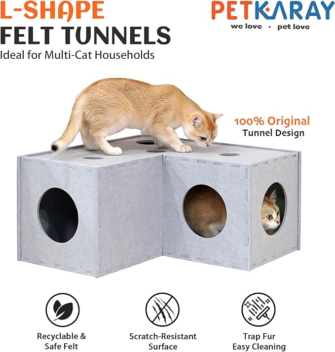 PETKARAY Cat Tunnel, Original Cat Hideaway Cave for Indoor Cats, Large Kitten Play Tubes and Tunnels, Soft Felt Cat Toy with Interactive Peek Hole, Grey L Shape