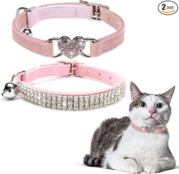 BINGPET Diamond Cat Collar,Adjustable Soft Velvet Leather Safe Kitten Collar with Shiny Rhinestones and Bells,Girl Boy Bling Cat Collars with Safety Elastic for Small Medium Cats Pack of 2（Pink）