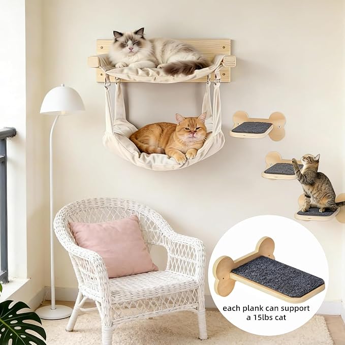 Wall Mounted Cat Double Hammock & 3 Steps, Pine Climbing Shelf & Perch Set, Multi-Function Wall-Mounted Cat Furniture for Sleep Play Climb, Easy DIY Installation