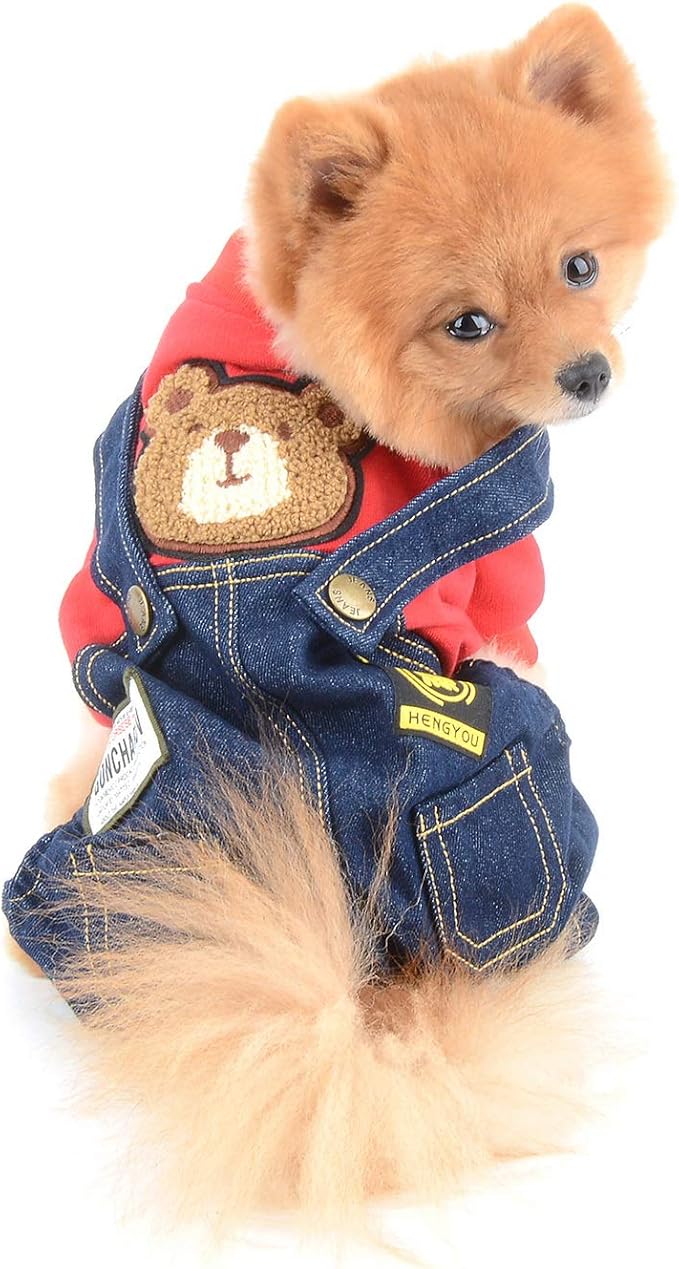 Dog Outfits for Small Dogs Boy Girl Spring Shirts Denim Bib Pants 2 Pockets Jumpsuits One Piece Apparel for Cats Puppies Chihuahua Clothes Adorable Overall for Medium Pet 4 Legs Autumn Red XL