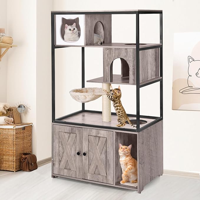 Cat Litter Box Enclosure,Hidden Litter Box Furniture with Metal Frame,Wooden Kitty House with Barn Door,Wooden Cat Washroom Furniture,Fit Most of Litter Box (Grey, M)