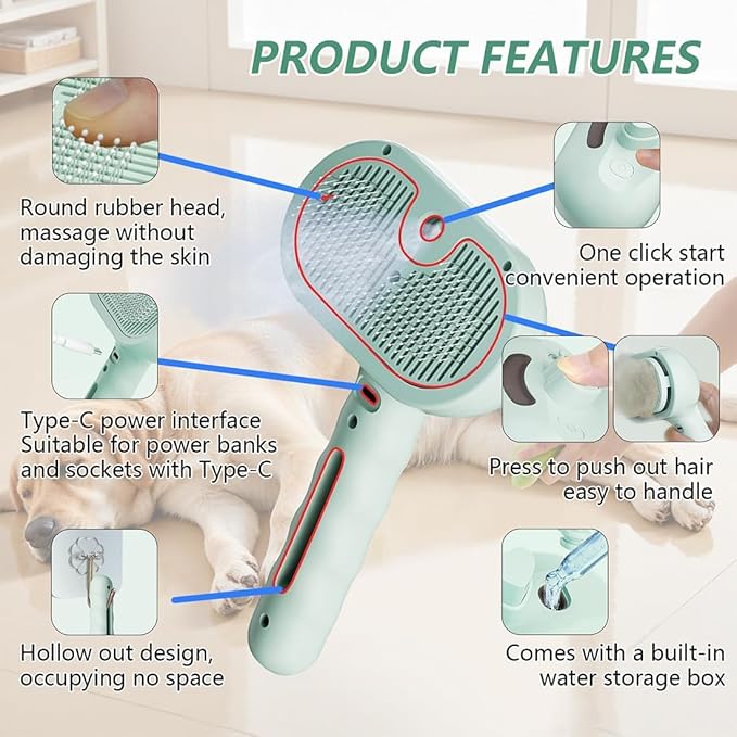 Pet Steam Brush for Dog and Cat，3 in 1 Spray Hair Removal Comb，Steam for Shedding & Grooming，Water Brush for Long and Short Haired Pets Remove Tangled Loose Hairs (Green)