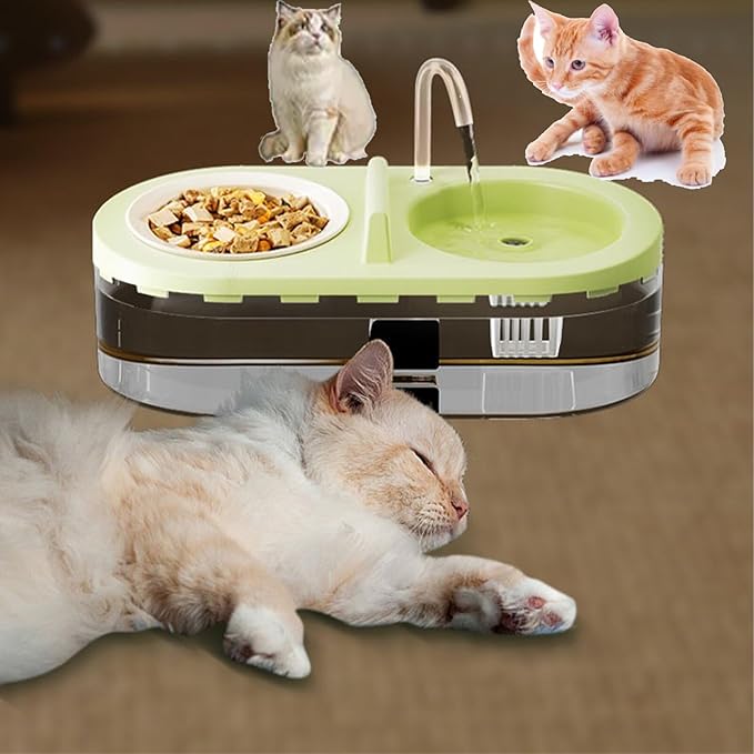 Cat Fountain Water Bowl Stainless Steel, 2 in 1 Automatic cat Feeder for Pets Dogs, Puppies, Kittens (White, S)