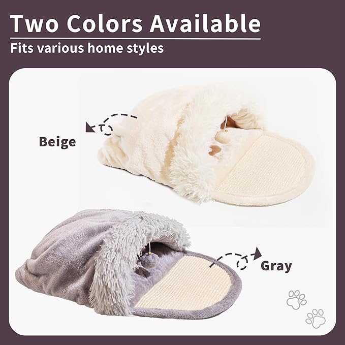 Pet Slipper Cave Bed for Indoor Cats and Small Dogs with Scratching Board, Anti-Slip & Durable, Washable for Kittens and Small Pets, Gray