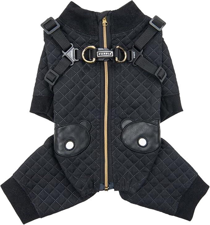 Puppia Quilo Warm Cute Winter Jumpsuit with Integrated Harness for Small and Medium Dogs, Black, Medium