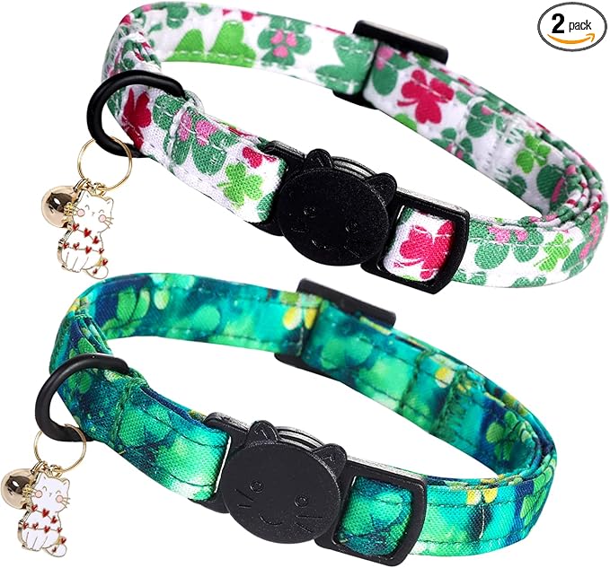 Elegant little tail St Patrick's 2 Pack Cat Collar- Trefoil Print Cotton Breakaway Cat Collars with Bell Pendant Kitten for Boy Girl Safety Adjustable Collar for Small Cats Puppy