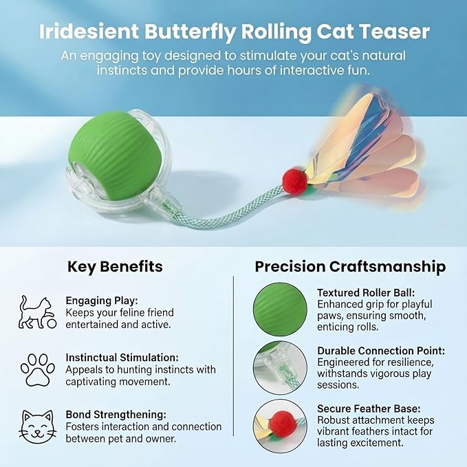 Interactive Cat Toy for Indoor Cats - Automatic Cat Toy Ball with Tail, Self Moving Electric Kitten Toys, USB Rechargeable Smart Rolling Ball, Motion Activated Cat Enrichment Toys for Bored Cats Green