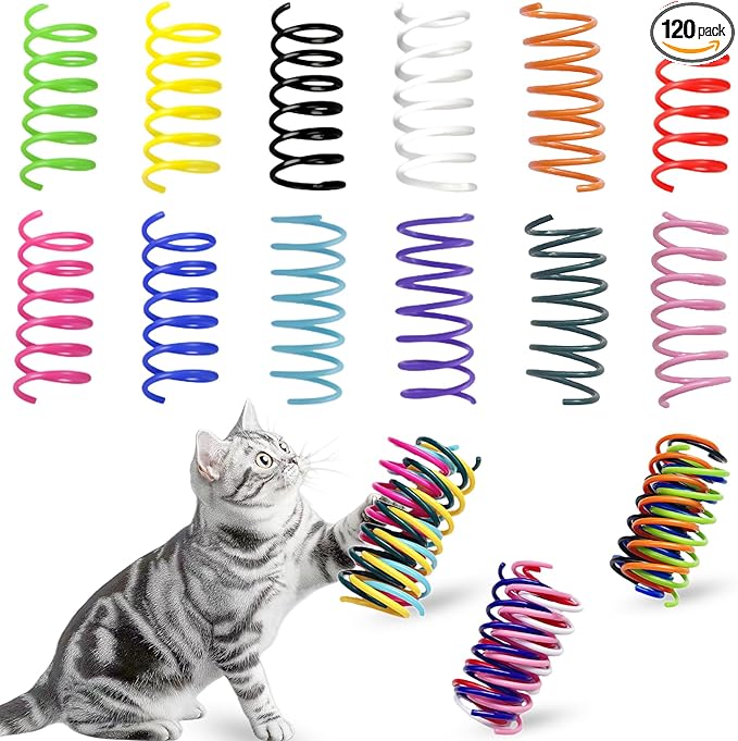 120 Pack Cat Spring Toy - 12 Colors Interactive Cat Toys for Kitten, Durable Plastic Cat Toy Springs for Indoor, Bouncy Spiral Coils for Swatting, Biting, Hunting and Active Play