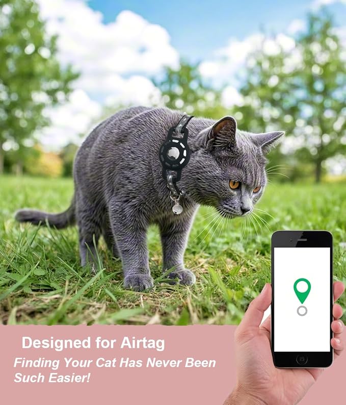Reflective Cat Collar with Airtag Holder Breakaway Safety Airtag Kitten Collars with Bell for Male Female Boy Cats,Black