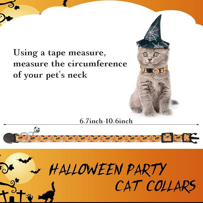Weewooday 6 Pcs Halloween Cat Collar, Breakaway Cat Collars with Bell, Safety Buckle Soft Adjustable Halloween Pet Collar with Pumpkin Ghost Patterns for Kitten Kitty Male Female Pet