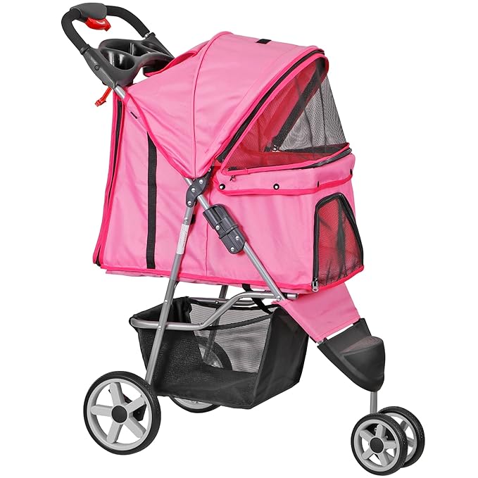 JungleA Foldable Pet Stroller for Cats Dogs,3 Wheel Jogger Stroller for Small to Medium Pets,Lightweight & Portable & Durable with Weather Cover, Storage Basket and Cup Holder,Pink
