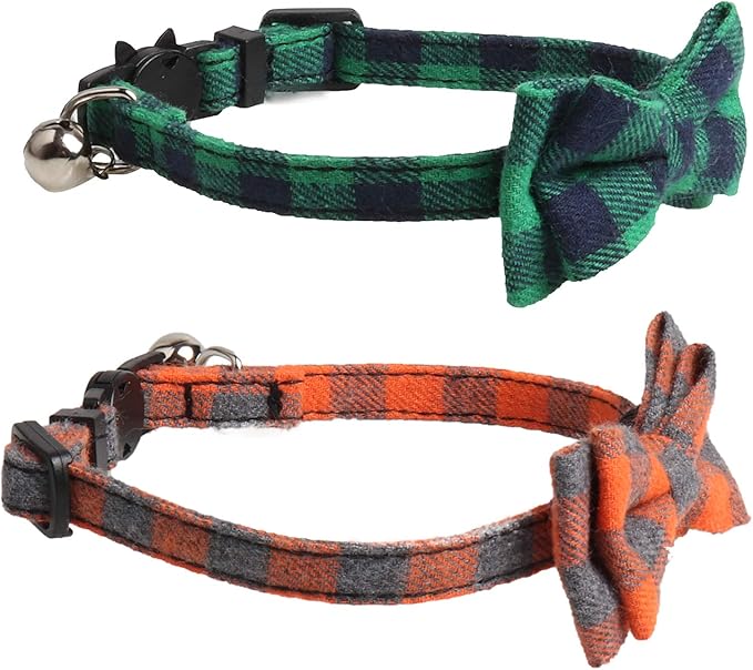 2 Pack/Set Cat Collar Breakaway with Cute Bow Tie and Bell for Kitty and Some Puppies, Adjustable from 7.8-10.5 Inch (Green+Orange, Plaid)
