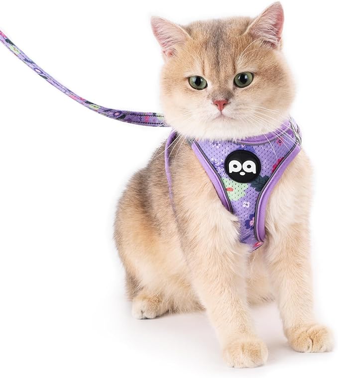 QQPETS Cat Harness and Leash Set for Walking Escape Proof, Safe Adjustable Kitten Vest with Reflective Strips, Easy Control Soft Mesh Lightweight Jacket (Floral Purple, S(Chest 15”-15.7”))