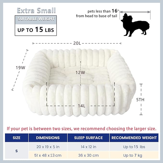 Square Cat Beds for Indoor Cats - Washable Small Dog Beds for Small Dogs, Rectangle Corduroy Fleece Pet Bed with Sides and Nonskid Bottom, Calming Fluffy Puppy Bed Soft Pet Sofa 20x19x5inchs, Cream