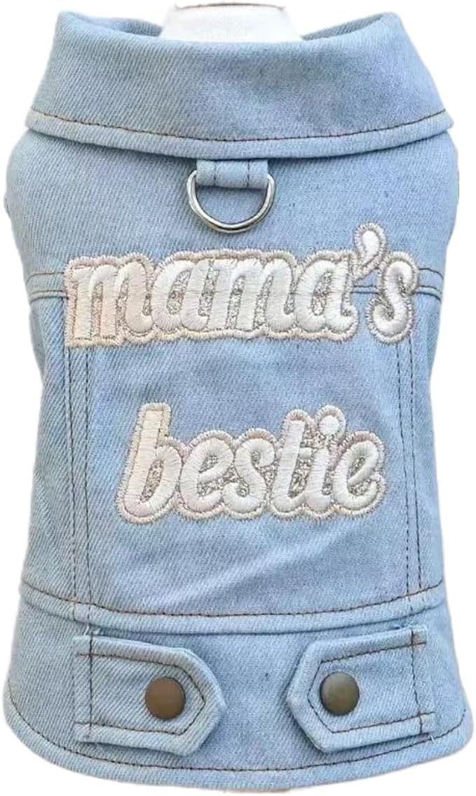 Light Blue Denim Dog Vest for Small Dogs & Cats, “Mama’s Bestie” Embroidered Jean Jacket with D-Ring, Soft Lightweight Pet Outfit for Walks, Parties & Daily Wear(XS)