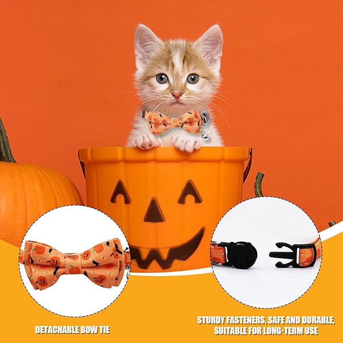 Halloween Cat Collar, Adjustable Kitten Halloween Collars with Bow Tie and Bell, Breakaway Kittens Collar for Girl Boy Cats Kittens (Orange)