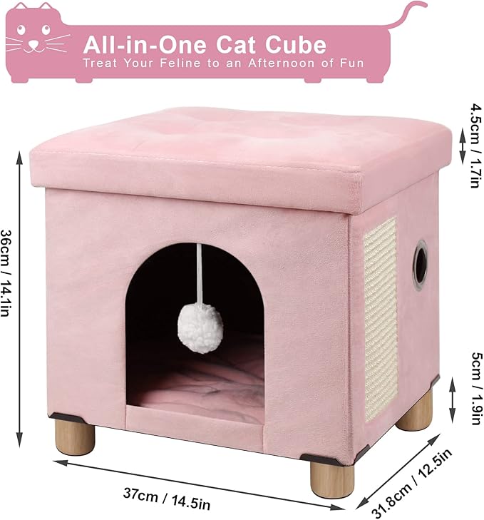 BRIAN & DANY Cat Beds for Indoor Cats,Cat Cave House for Kitten with Scratch Board & Ball,14.5X 12.5X 14.1 inches, Pink