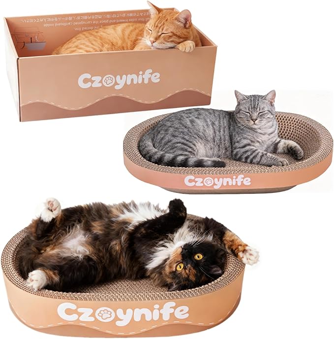 3PCS Cat Scratcher Bed, Oval Cat Scratcher Pad Bowl Nest for Indoor Cats, Round Cat Scratching Cardboard, Furniture Protector for Couch, for Kittens (Brown, 15.7 * 10 in)