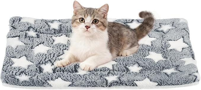 Dog Cat Bed Mat, Soft Coral Fleece Pet Cushion Pad with Cute Star Print, Warm Washable Pet Bed 19x13 Inches, (Gray White), Intended for Medium Small Dog Cat