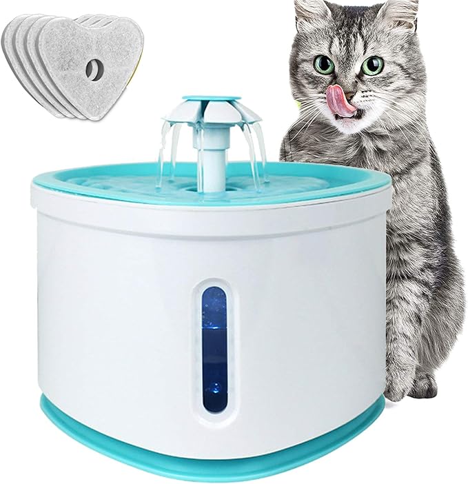 Cat Water Fountain 2L Pet Drinking Fountain,Automatic Cat Puppy Dog Water Dispenser,LED Night Vision Water Level Window, Intelligent Auto Shut Off and Ultra-Quiet Pump, 4 Replacement Filters