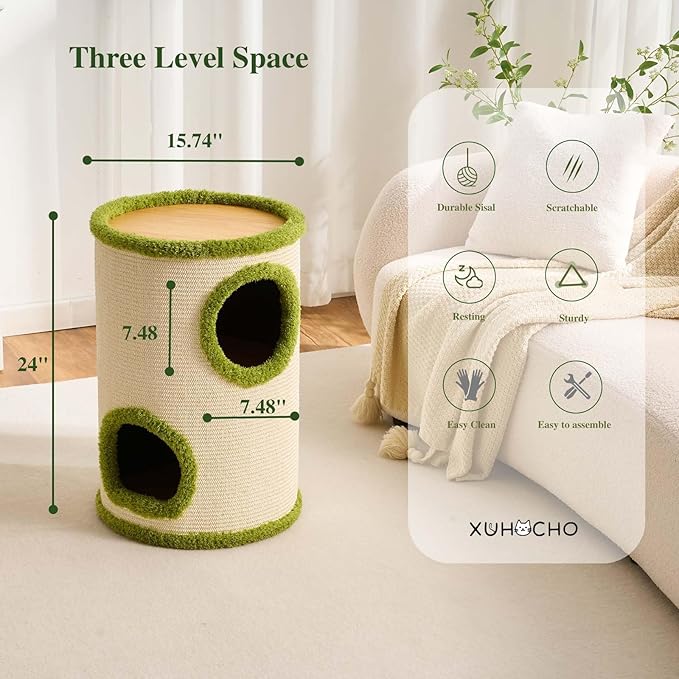 Cat House for Indoor Cats，Scratchable Sisal Material Cat Cave with 2 Hideaways & 3 Soft Pads-Sturdy &Space-Saving Cat Condo Furniture for Multiple Cats & Small Pets, Easy Assembly