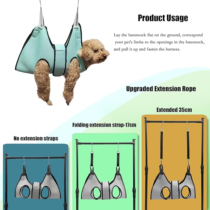 Pet Grooming Hammock with Safety Belt for Nail Trimming and Bathing - Cat and Dog Grooming Harness with Claw Care Bag (XS, Check Size Chart)