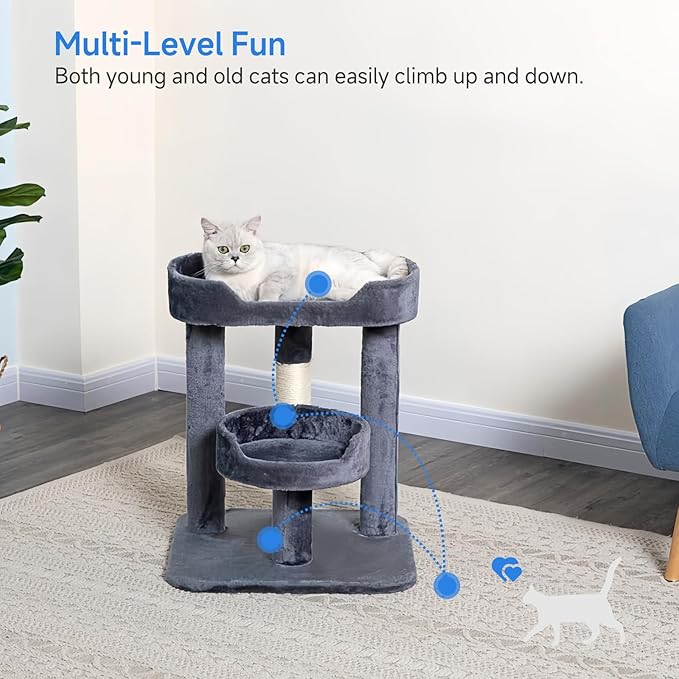 23" Cat Tree Tower with Cat Condos - Large Cat Tree - Cat Tower for Indoor Cats - Play Scratch Hide Climb Activity Furniture with Toy - Gray