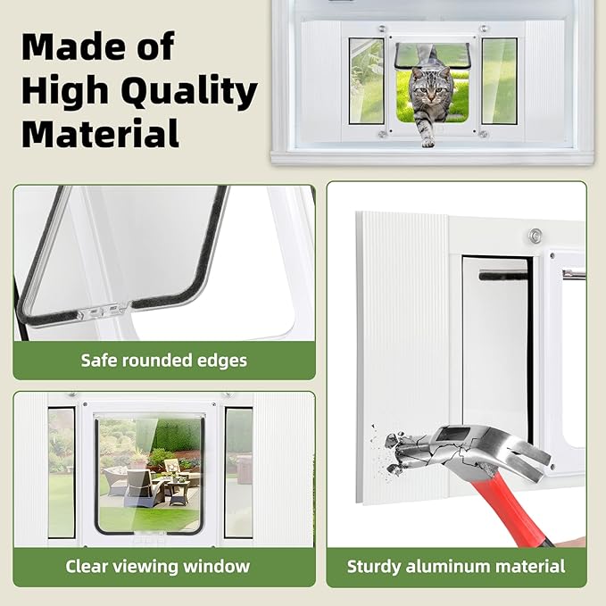 Cat Door for Window, Aluminum Window Pet Door for Cats & Small Dogs, Width Adjustable to Fit Width 23"-28", 4 Locking Modes, Magnetic Close, Weatherproof Design