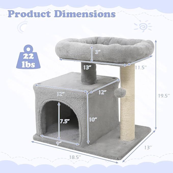 Tangkula Small Cat Tree for Indoor Cats, Cat Tower with Sisal Scratching Posts, Hanging Pompom, Cat Condo with Large Padded Plush Perch for Small Spaces, Kittens (Light Grey)