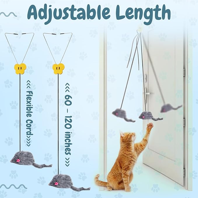 Interactive Cat Toys for Indoor Cats - Hanging Door Cat Toy with Bouncy Mouse and Bell - Door-Mounted Fun Toy for Cats at Home - Includes 2 Bonus Attachments