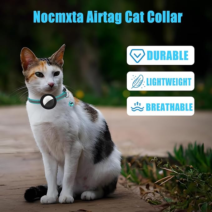 Reflective Cat Collar Fits for AirTag Holder, Breakaway Safety Buckle, Bell & Adjustable Strap for Cats Kittens - Compatible with Apple AirTag, Anti-Lost Pet Tracker Collar,Teal
