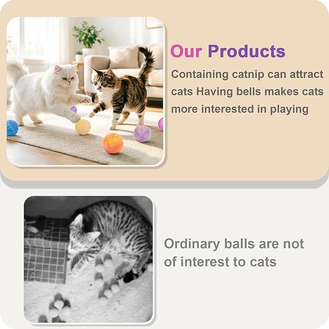 Retro Shaw Catnip Balls with Bell Inside - 6 Pcs Interactive Catnip & Silvervine Cat Toys, Durable Wool Balls for Indoor Cats, Kitten Teething Toys, Natural Catnip Toys for Bored Cats