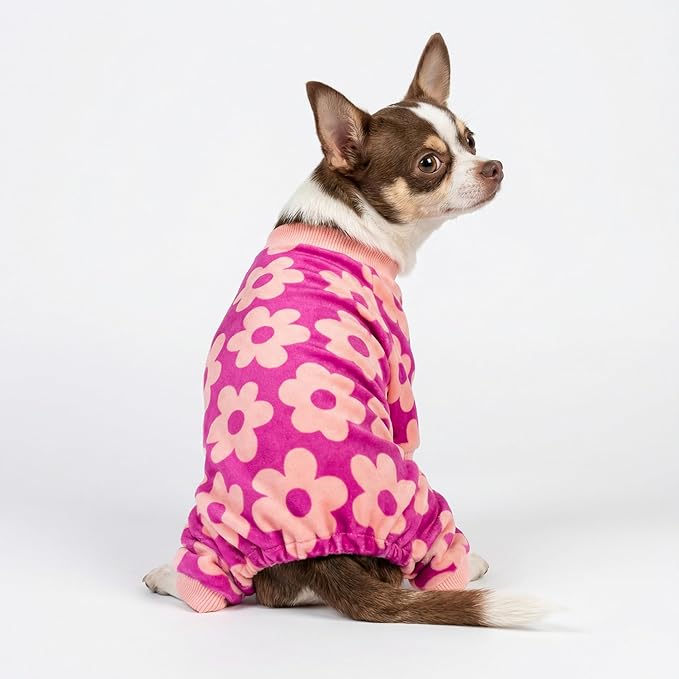 Fitwarm Flower Fleece Dog Pajamas, Warm Winter Dog Clothes for Small Dogs Girl, Cozy Pet Onesie with Feet, Pink, XL
