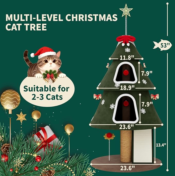 STILLCOVE 53" Large Christmas Cat Tree Tower: Indoor Green Heavy Duty Cat Condo House with Scratching Post & Toys for Xmas Decorations