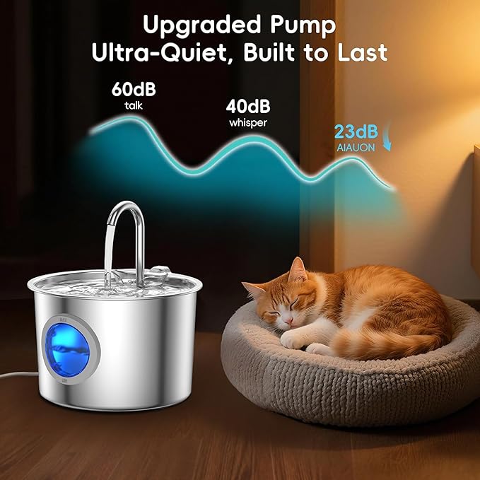 Premium Cat Water Fountain - Whisper-Quiet, 304 Stainless Steel, Smart Pump for Hydration Obsessed Cats | 74oz, 6 Filters Included (74oz Fountain+6 Filters +6 Sponges)
