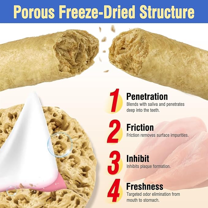 30g Freezed Dried Cat Chew Stick Chicken Flavor, Cat Dental Treats for Freshens Breath and Reduce Tartar, Feline Teething Sticks Cats Treats Snack