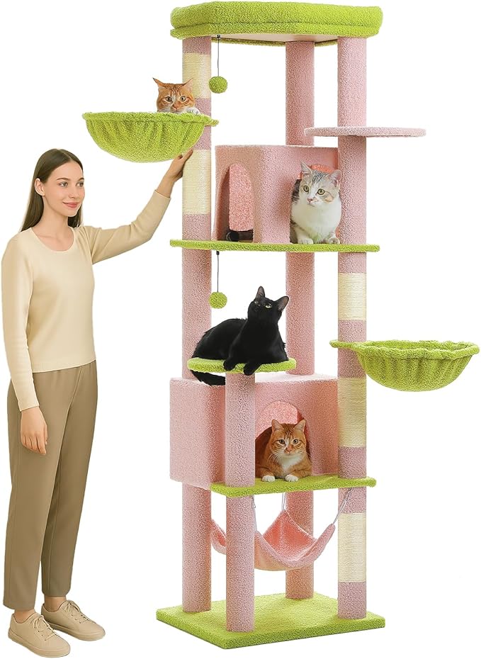 MUTTROS Flower Cat Tree for Large Indoor Cats, 71.2-Inch Tall Multi-Level Cat Tower with Scratching Posts, 3 Soft Hammocks, 2 Large Condos, Super Big Perch & Pompoms for Multi-Cat Households, Pink