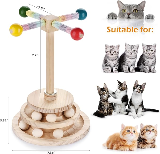 Wooden cat Toy Interactive Turntable with Spinning Ball and teapot Stick, Multi-Level cat Track Ball Toy Suitable for Kittens and Adult Cats, cat Sports Puzzle Toy