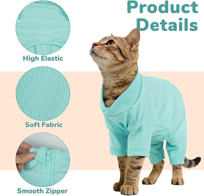 Sticky Hair Cat Clothes, Breathable & Lightweight, Reduces Shedding Fur Pajamas, Full Body Long Sleeve Surgical Bodysuit, Stop Licking & Shedding Blue L