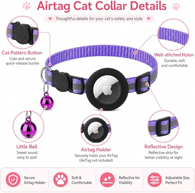 Cat Collar Breakaway 2Packs, Reflective Kitten Collar with Apple Air Tag Holder and Bell for Girl Boy Cats, 0.4 Inches in Width and Lightweight (Pink)