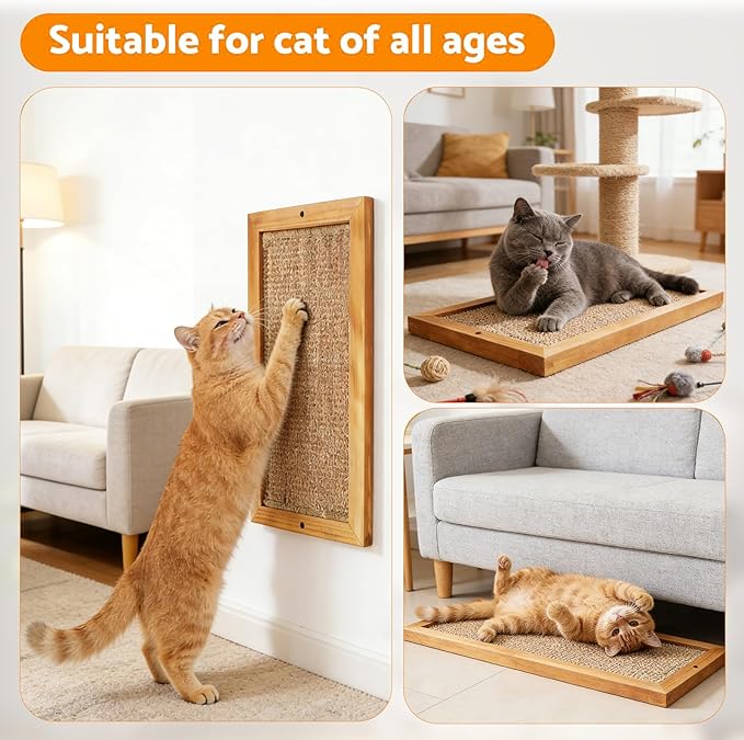 Cat Scratching Post, Natural Wooden Sisal Cat Scratch Pad, Floor or Wall Mounted Vertical Cat Scratcher Mat for Indoor Cats Adults or Kittens, Scratching Board Cat Wall Furniture Protector
