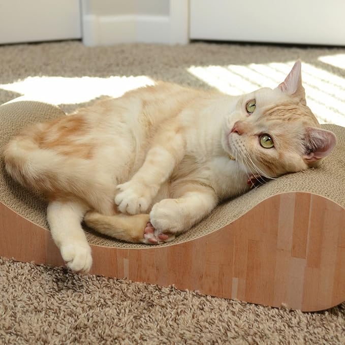 Necoichi Cardboard Cat Scratcher Bed for Indoor Cats - Cat Scratching Board, Horizontal Cat Scratch Pad Lounger with Reversible Usability and Extra Comfort for Lounge, Curved (23" Large, Oak)