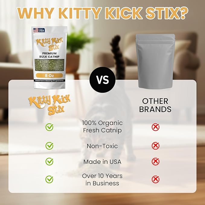 Kitty Kick Stix Premium Bulk Catnip Made in USA, 100% Natural Best Catnip for Cats, Fresh Cat Nip for Toys, Cat Kicker Toy Refills, Cat Toys for Bored Indoor Adult Cats (Large Bag)