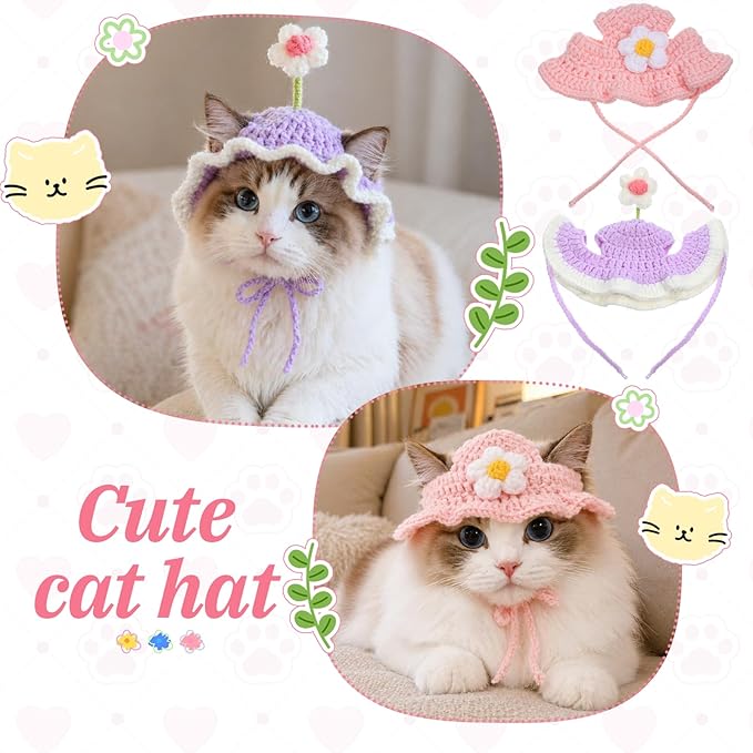 Cat Hats for Cats Only Cute Knit Cat Hat Flower Hat with Adjustable Cord Handmade Crochet Cats Clothes Soft Cute Knitted Hats Christmas Party Costume Accessory for Puppy Kitten (Purple, Pink)