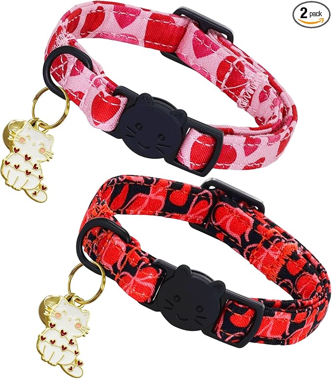 Elegant little tail 2 Pack Cat Collar- Valentines Cat Collars Breakaway with Bell Pendant Wedding Kitten Boy Girl Safety Adjustable 7-12 Inch Collar for Small Cats Puppy