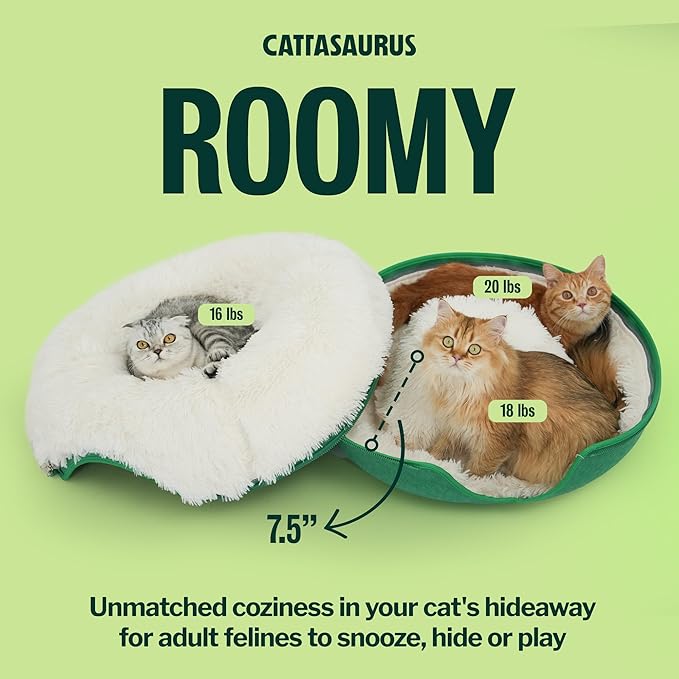 CATTASAURUS Peekaboo Cat Cave for Multiple & Large Cats Up to 30-45 Lbs, Fluffy Cat Beds & Furniture, Scratch Detachable & Washable Tunnel Bed, Comfy Donut Bed (Forest Green, Large (Calming))