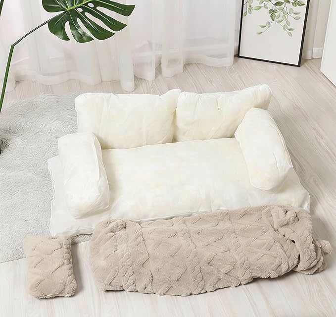Plush Calming Pet Sofa Bed, Soft Cat Dog Couch with Removable Cover, Large Kennel Cat Sleeping Sofa Chair Furniture, Non-Slip Bottom for Supplies Cats Dogs(Beige,Large)